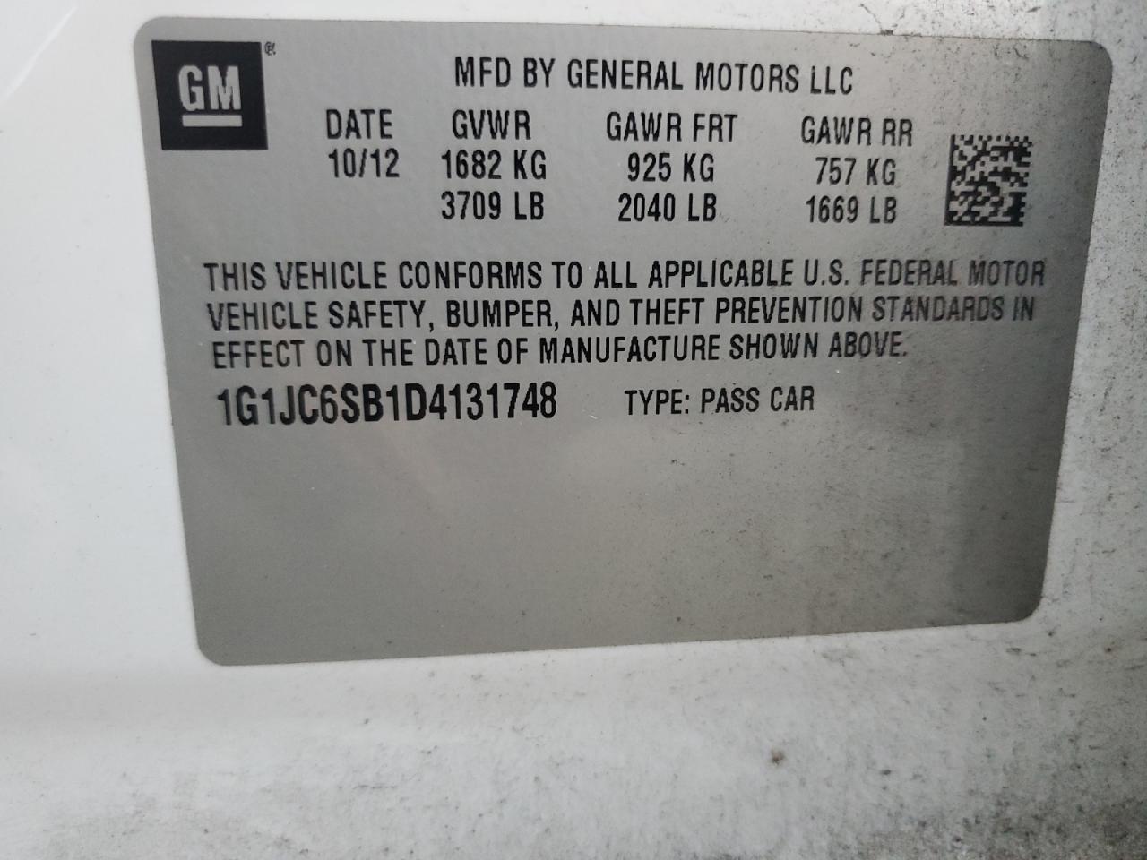 1G1JC6SB1D4131748 2013 Chevrolet Sonic Lt