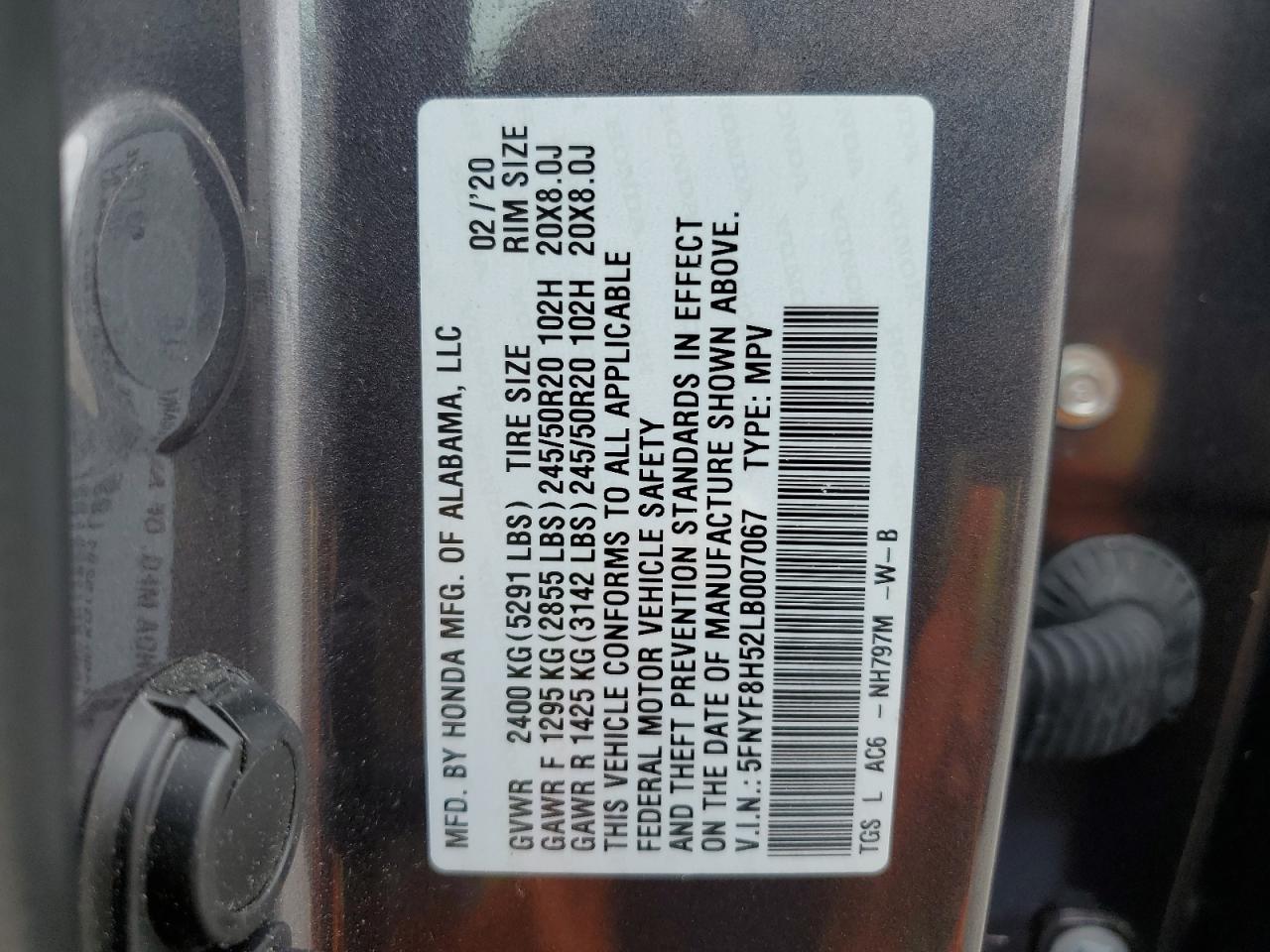 5FNYF8H52LB007067 2020 Honda Passport Exl