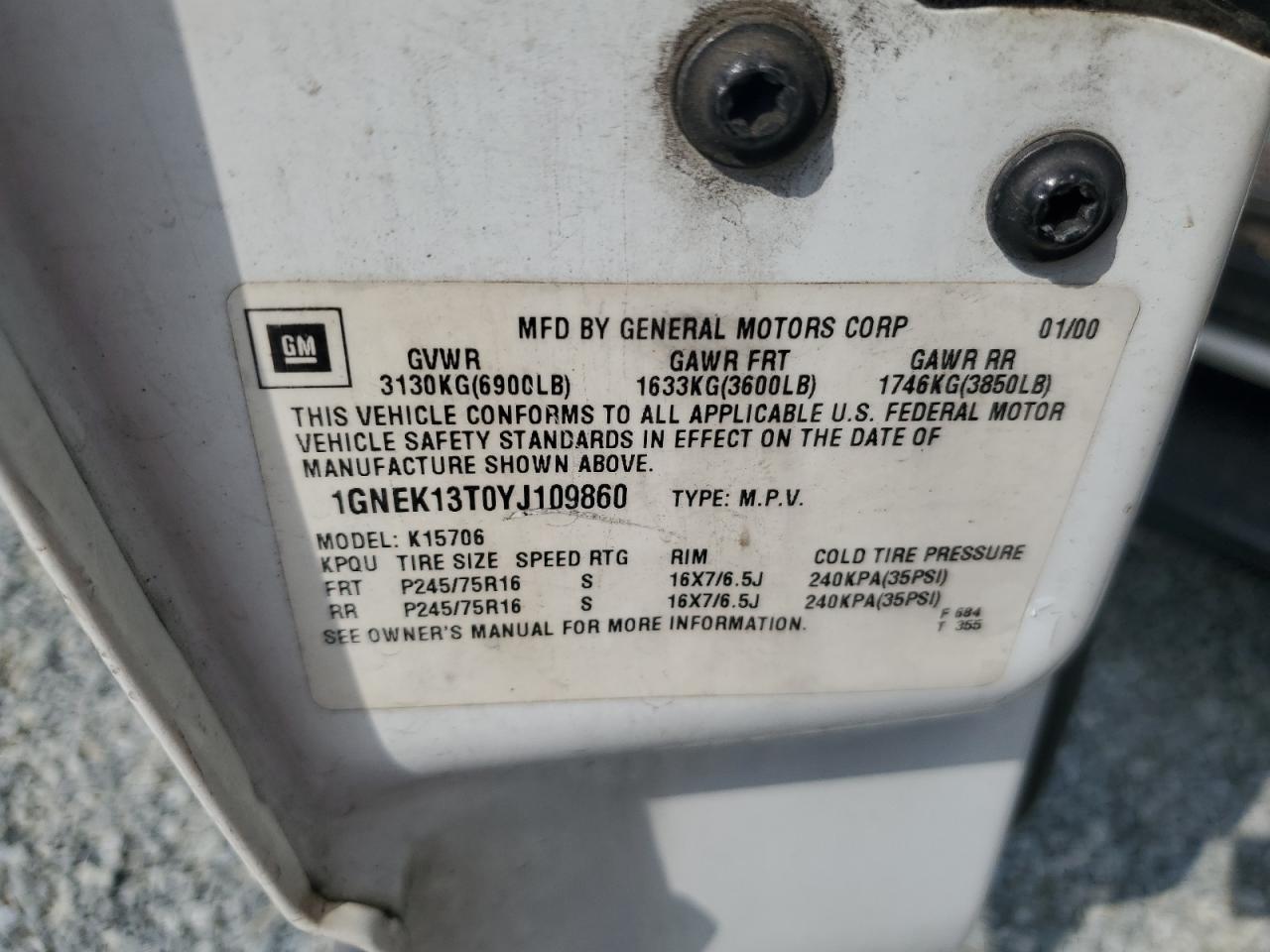 1GNEK13T0YJ109860 2000 Chevrolet Tahoe K1500