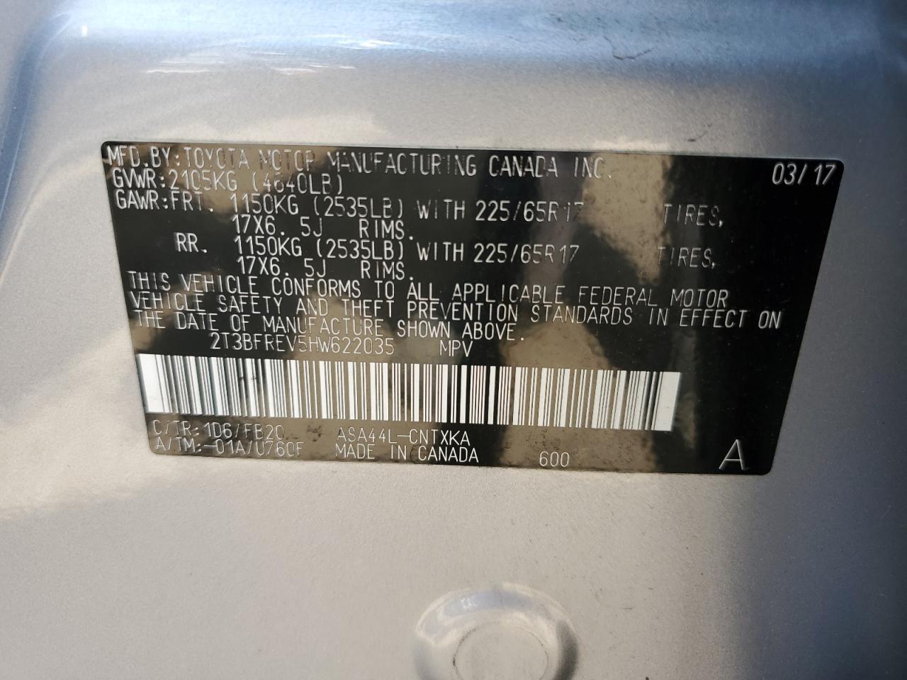 2T3BFREV5HW622035 2017 Toyota Rav4 Le