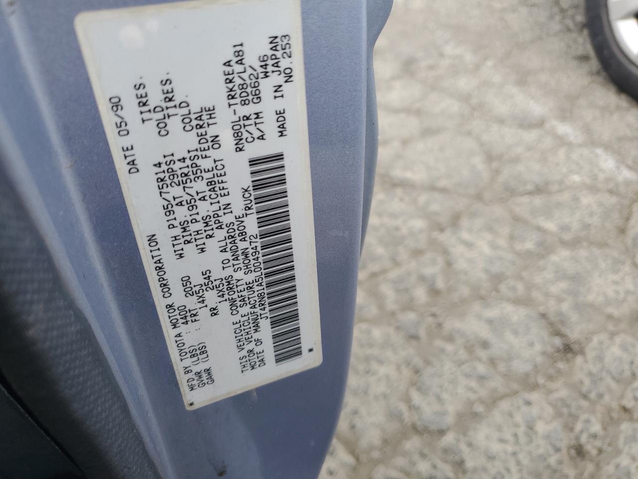 JT4RN81A5L0049472 1990 Toyota Pickup 1/2 Ton Short Wheelbase