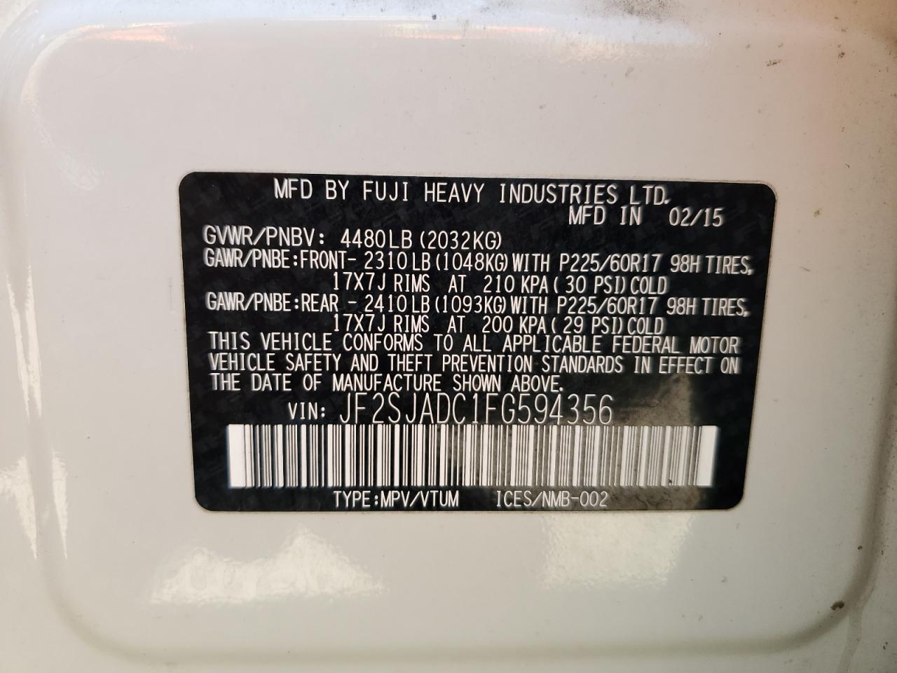 JF2SJADC1FG594356 2015 Subaru Forester 2.5I Premium