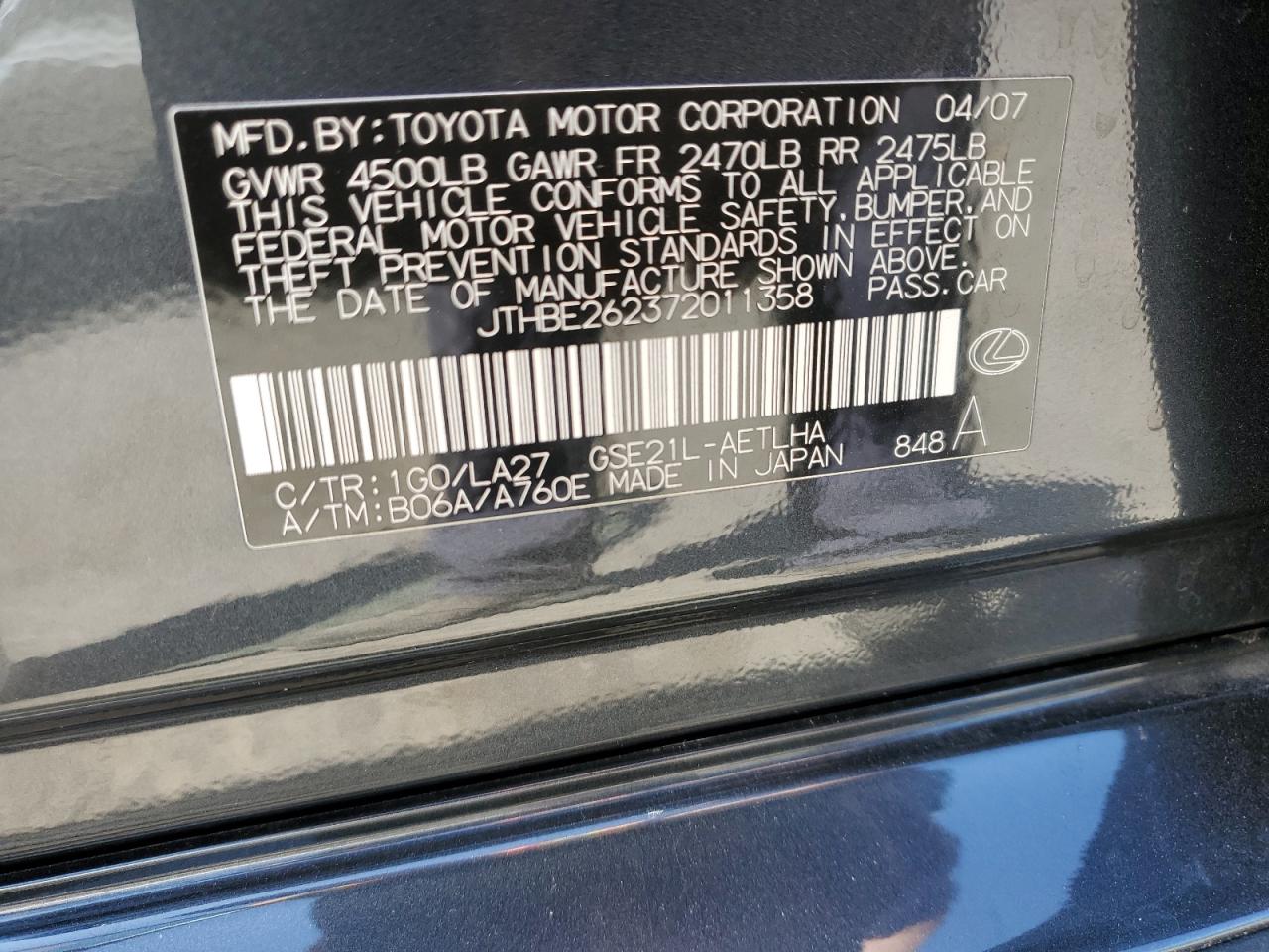 JTHBE262372011358 2007 Lexus Is 350