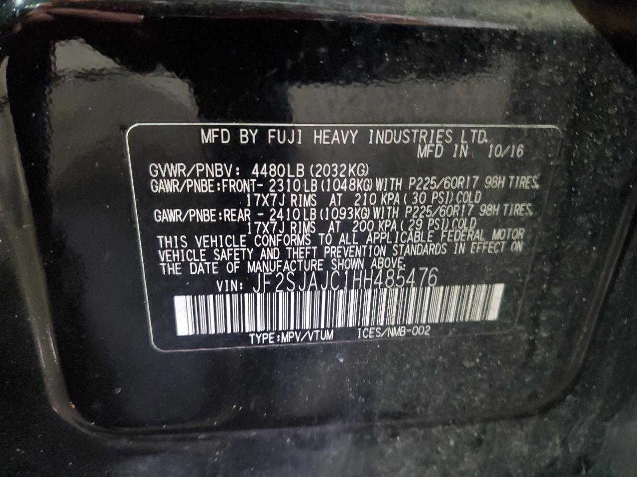 JF2SJAJC1HH485476 2017 Subaru Forester 2.5I Limited