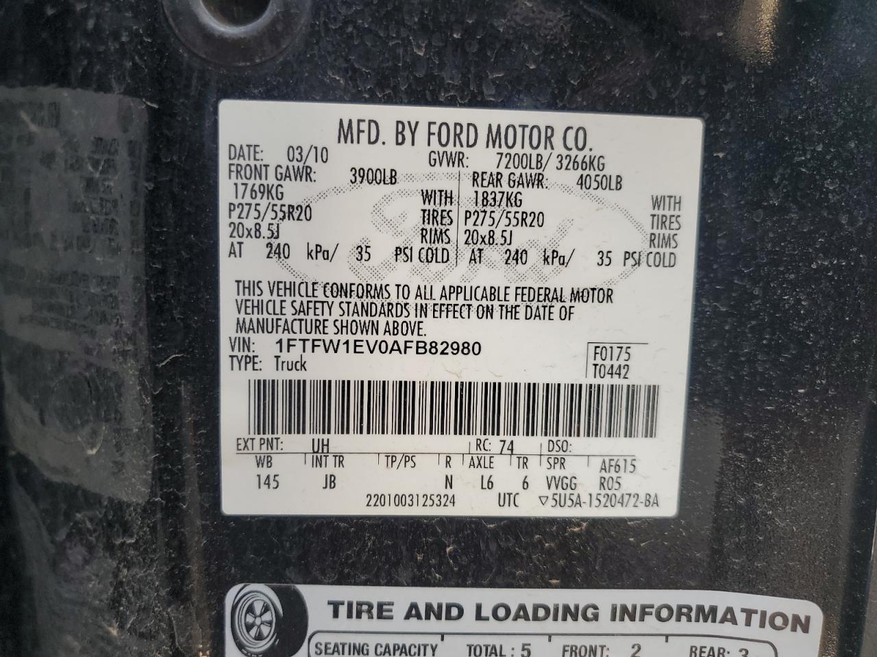 1FTFW1EV0AFB82980 2010 Ford F150 Supercrew