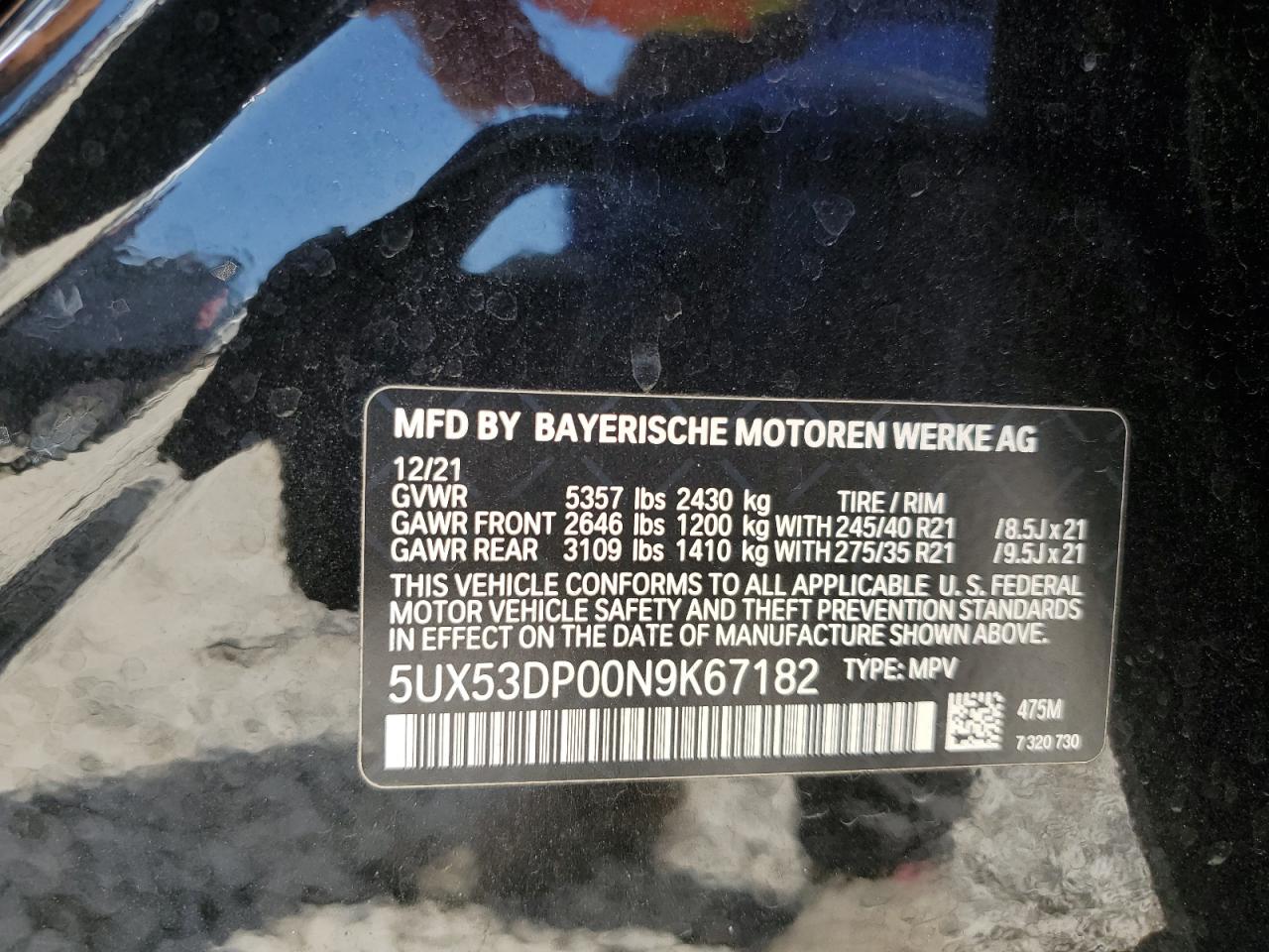 5UX53DP00N9K67182 2022 BMW X3 xDrive30I