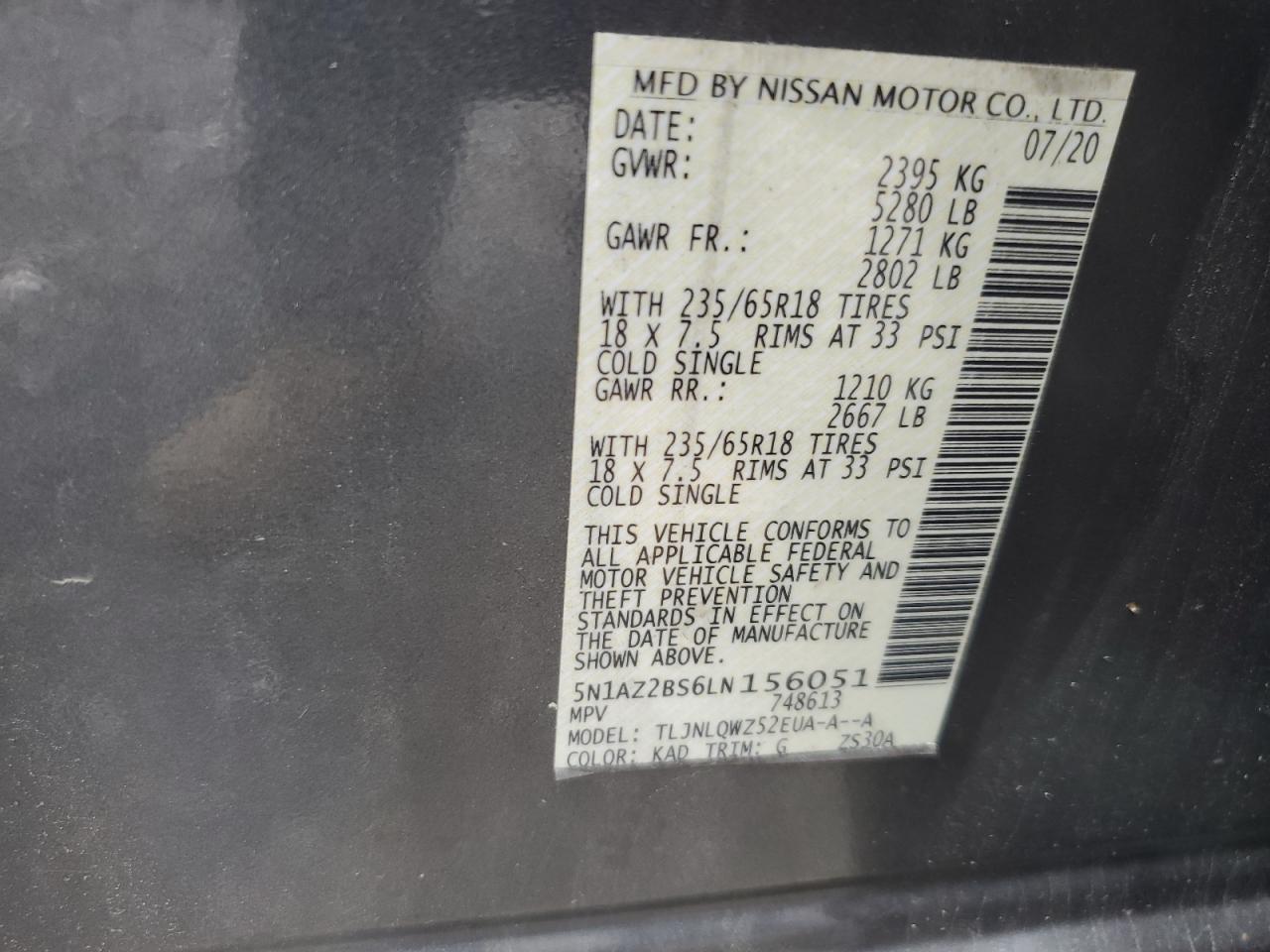 5N1AZ2BS6LN156051 2020 Nissan Murano Sv