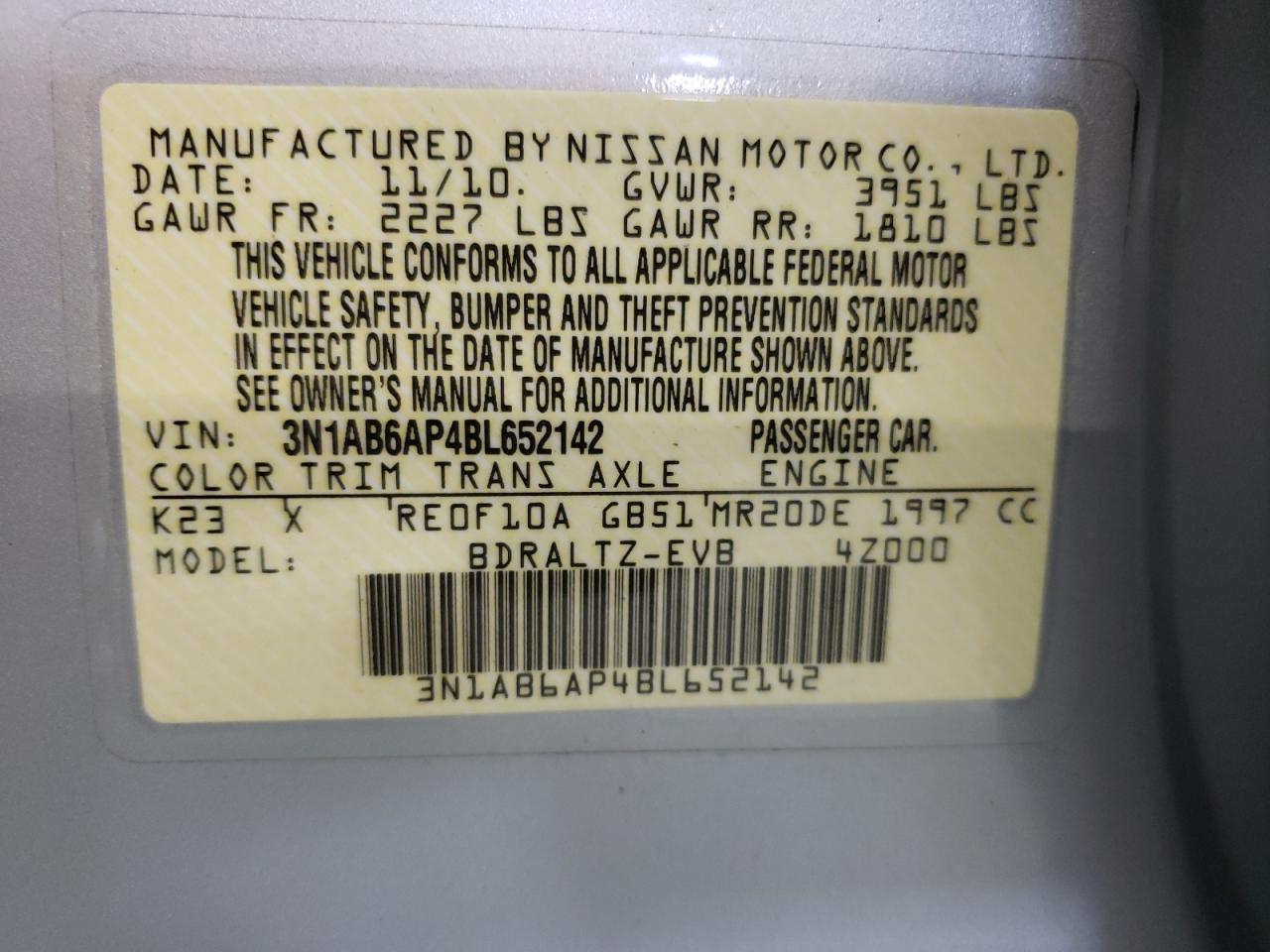 3N1AB6AP4BL652142 2011 Nissan Sentra 2.0