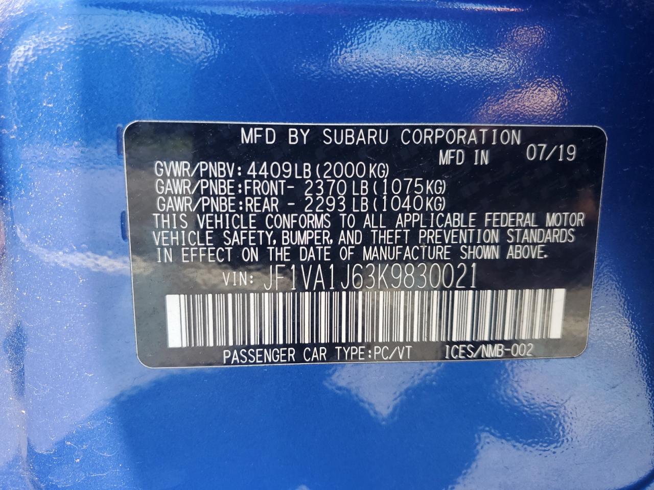 JF1VA1J63K9830021 2019 Subaru Wrx Limited