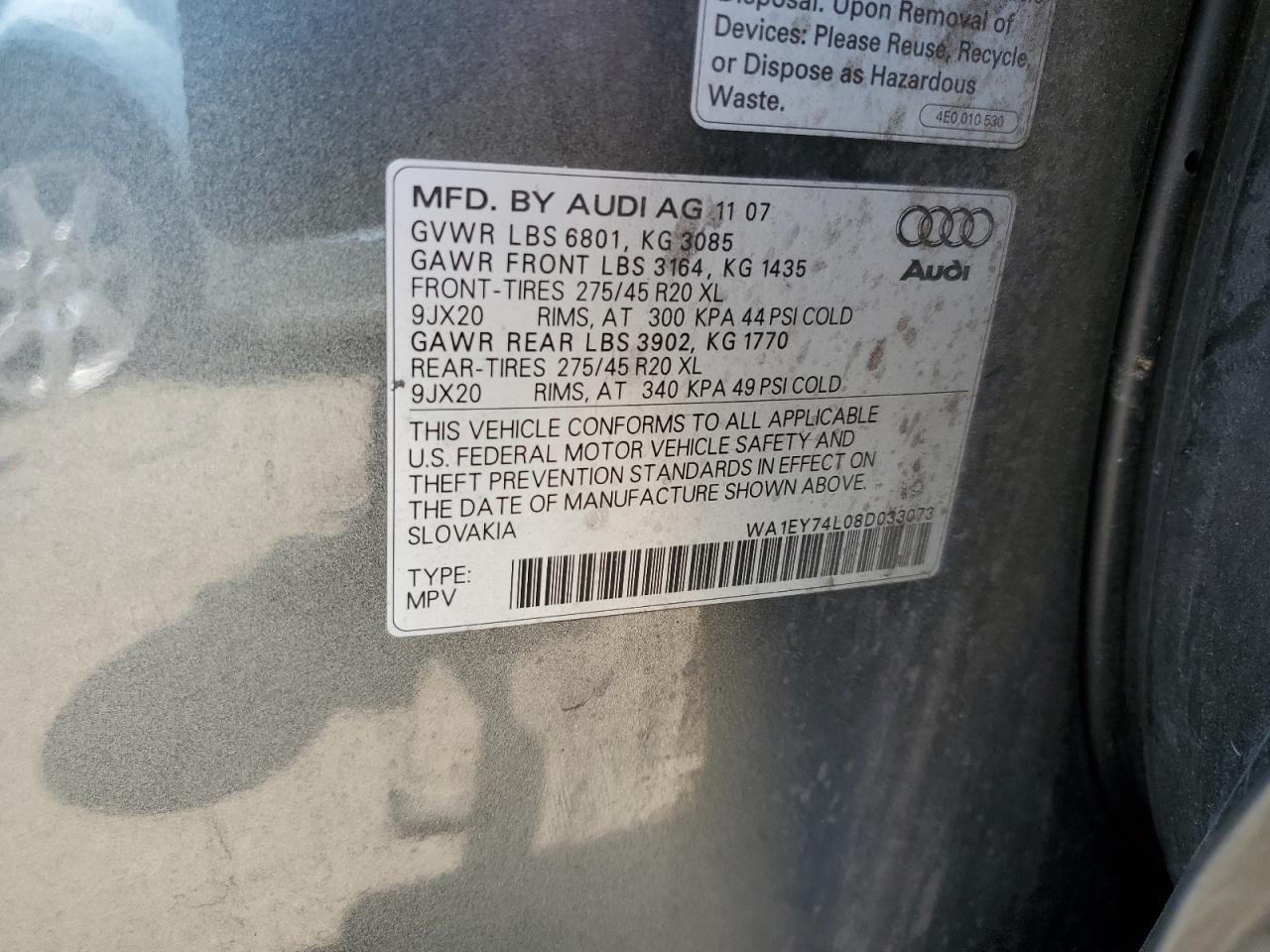 WA1EY74L08D033073 2008 Audi Q7 3.6 Quattro Premium S-Line