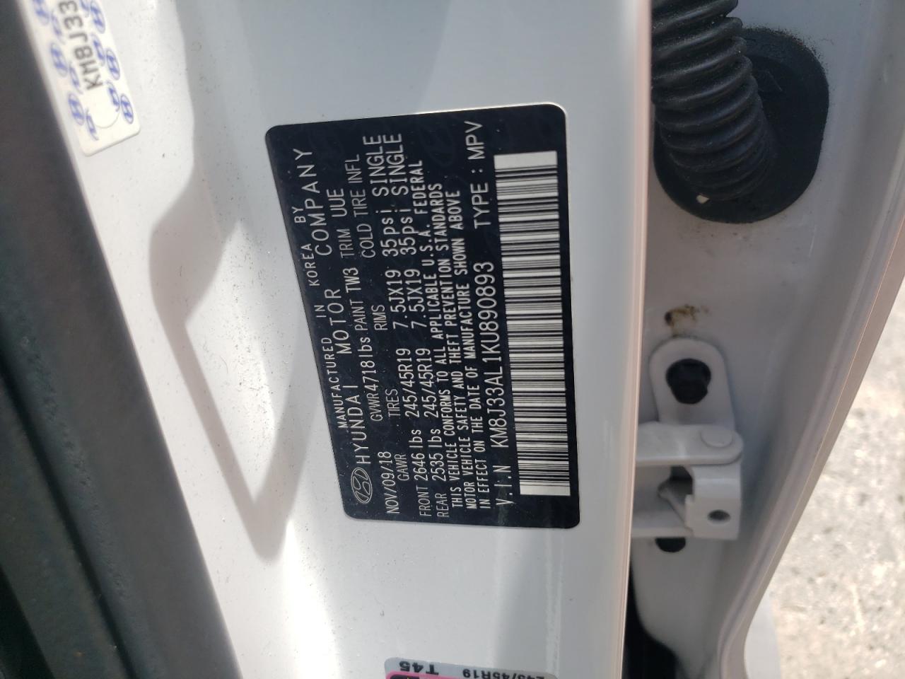 KM8J33AL1KU890893 2019 Hyundai Tucson Limited