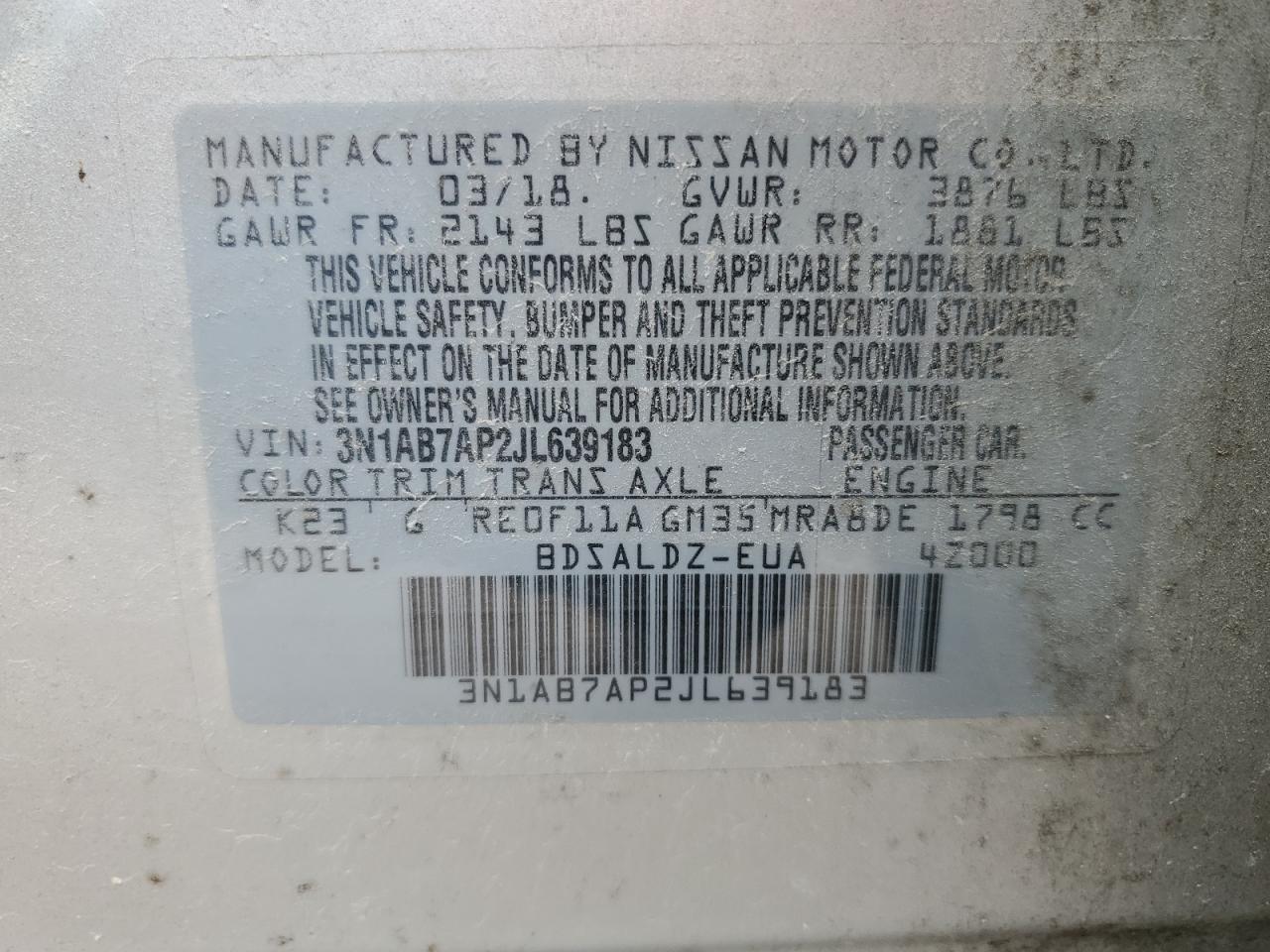 3N1AB7AP2JL639183 2018 Nissan Sentra S