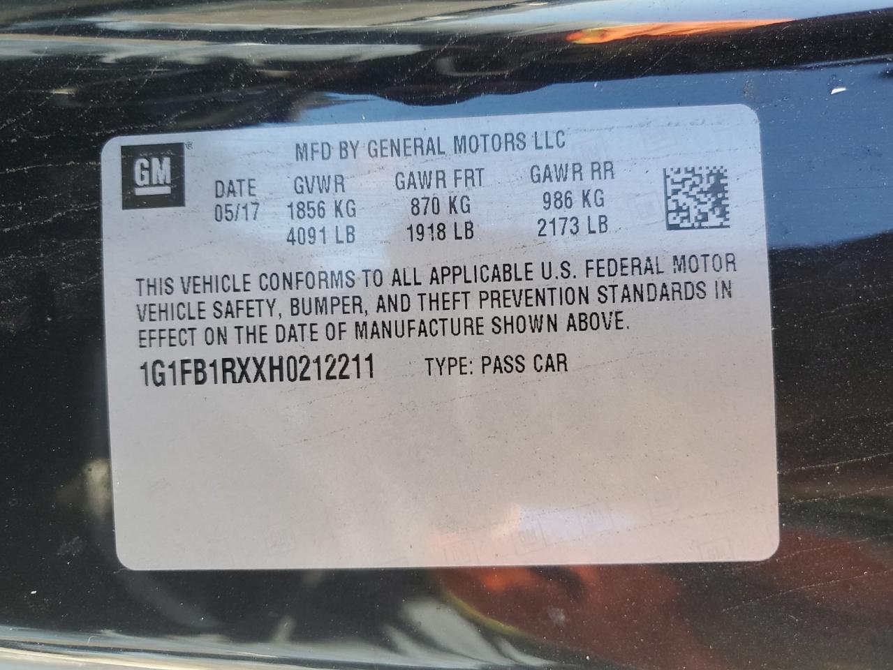 1G1FB1RXXH0212211 2017 Chevrolet Camaro Lt