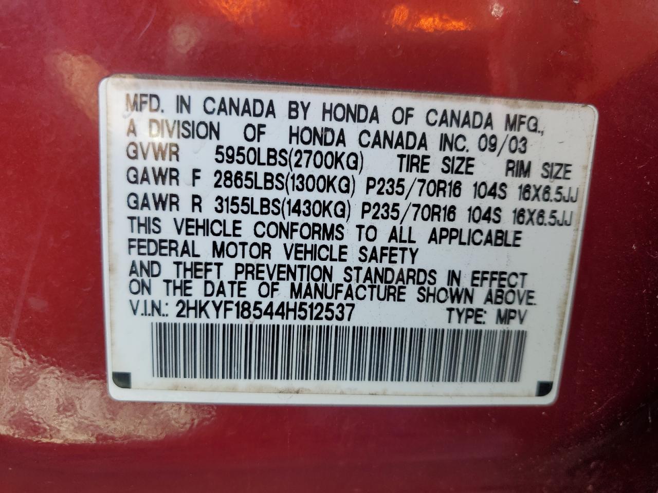 2HKYF18544H512537 2004 Honda Pilot Exl