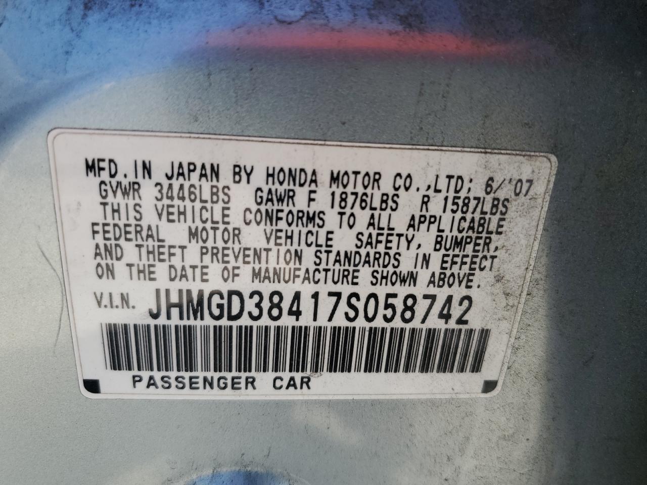 JHMGD38417S058742 2007 Honda Fit