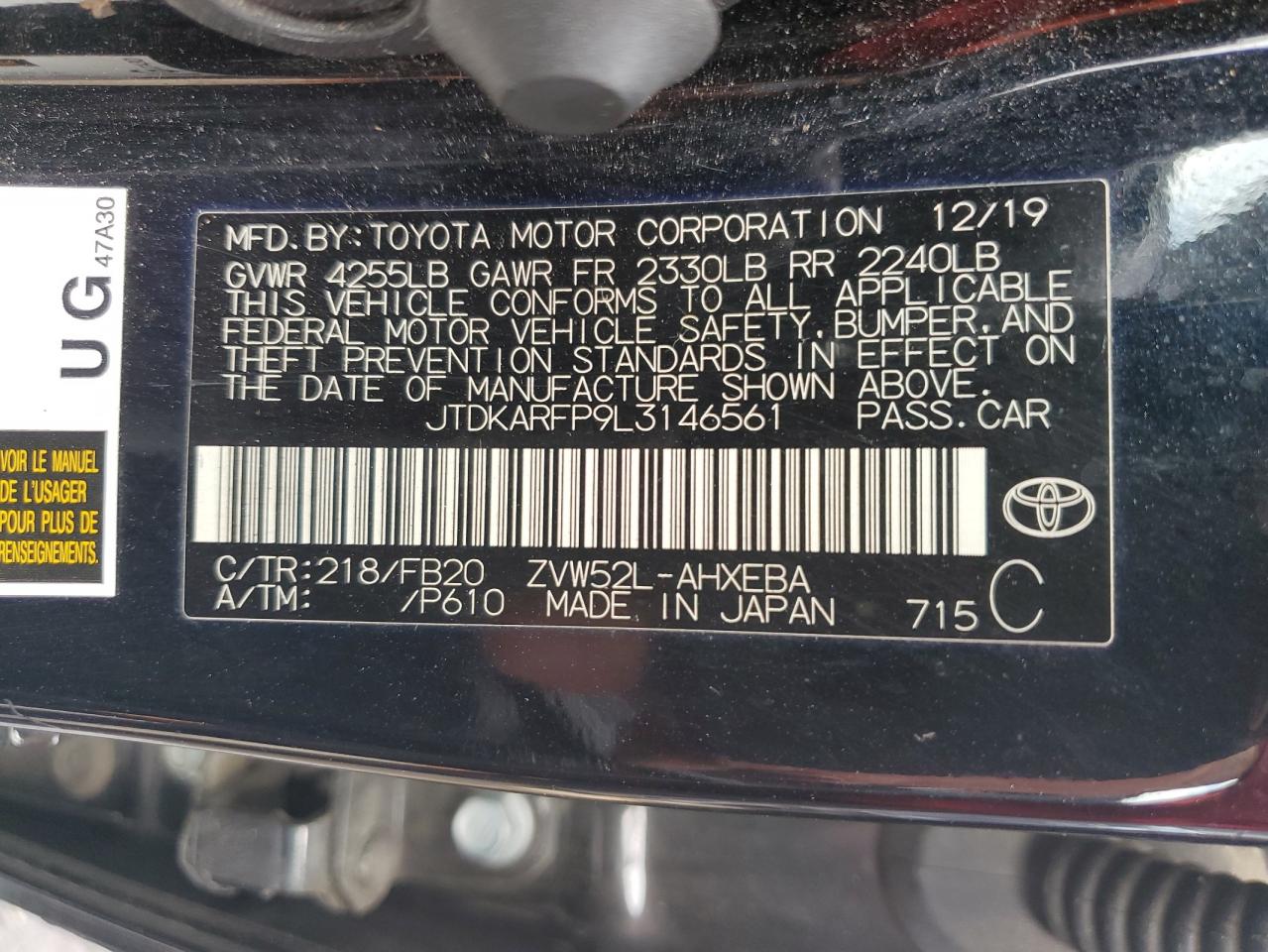 JTDKARFP9L3146561 TOYOTA PRIUS 2020