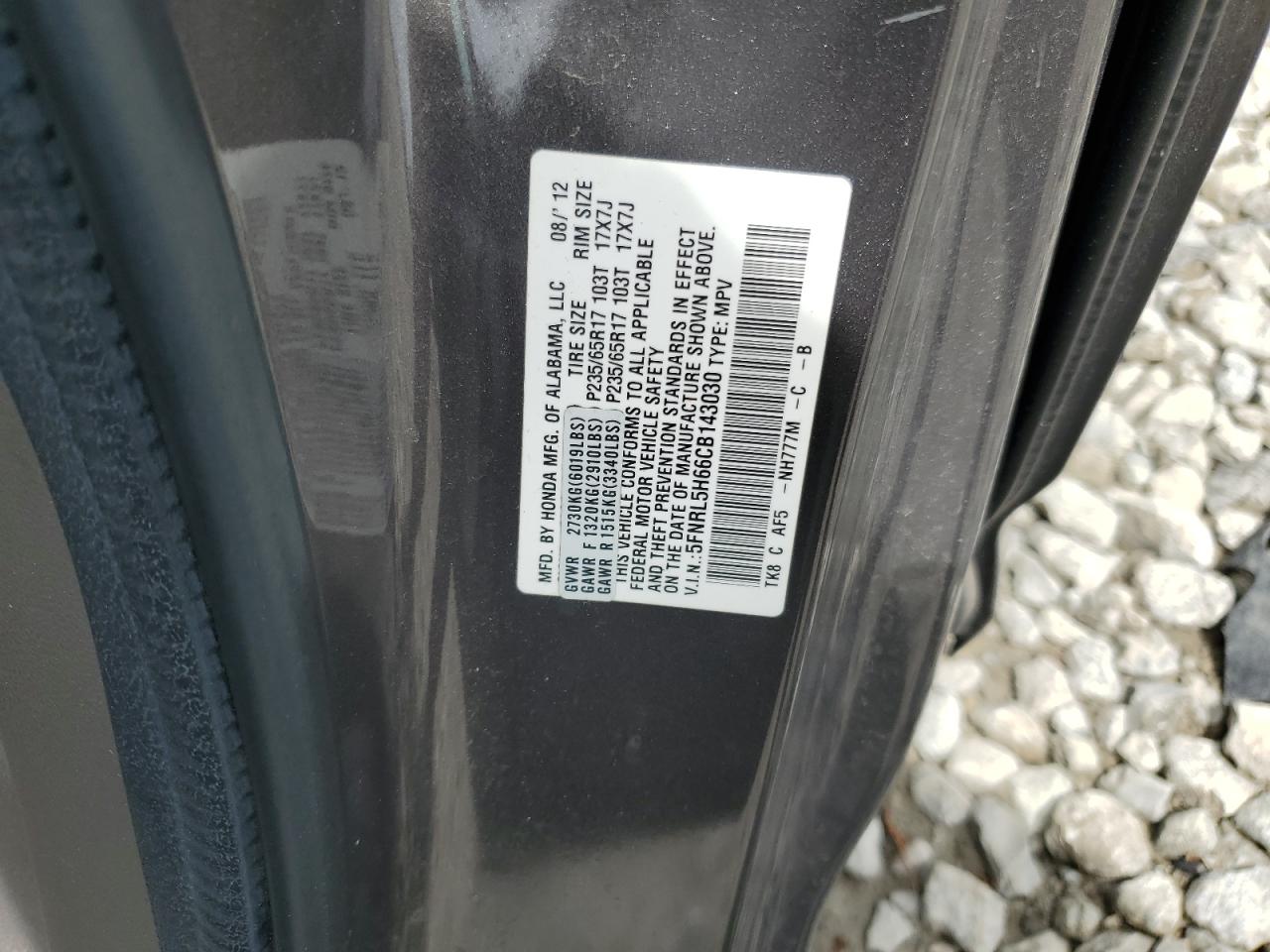 5FNRL5H66CB143030 2012 Honda Odyssey Exl