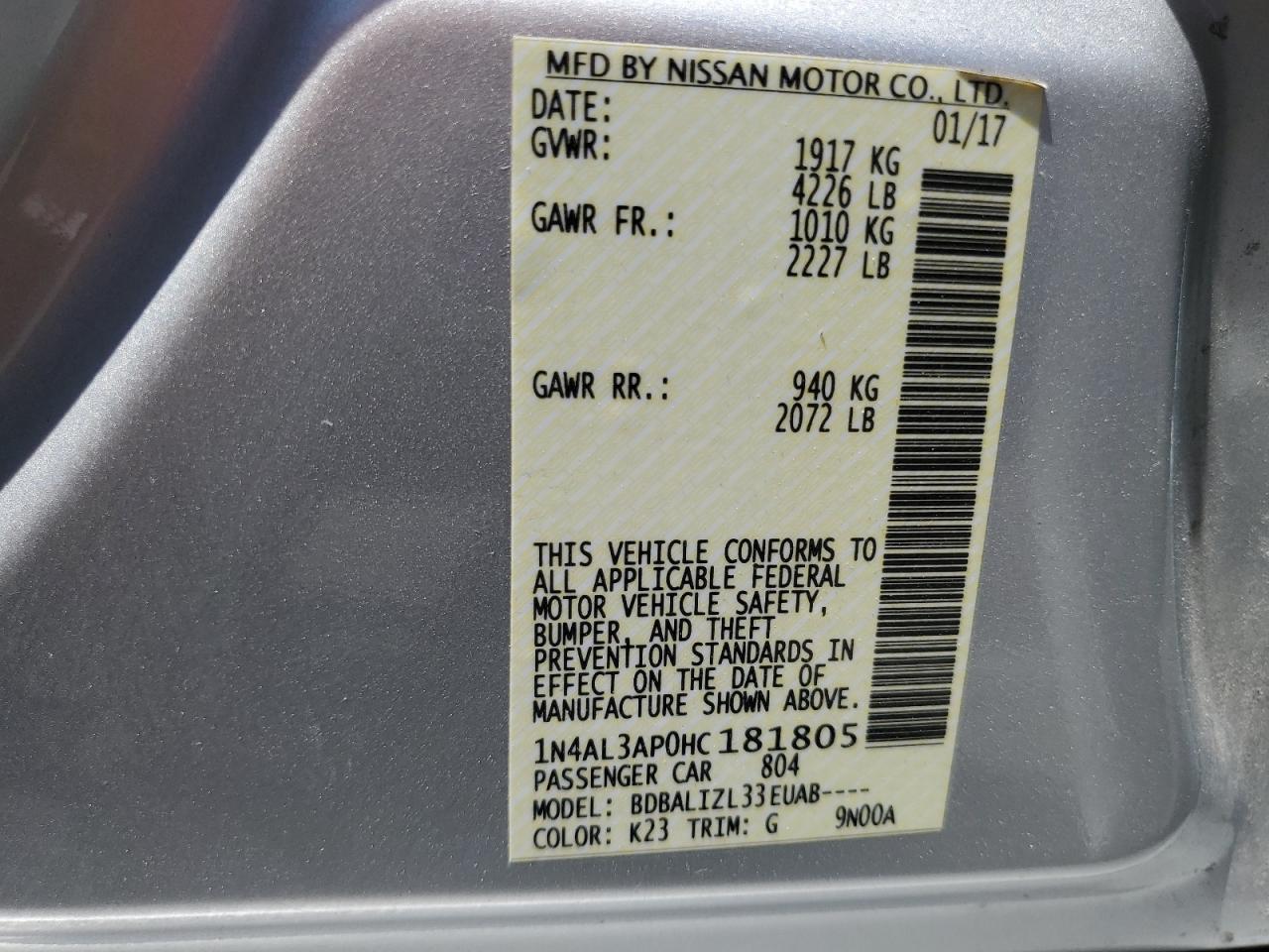 1N4AL3AP0HC181805 NISSAN ALTIMA 2017