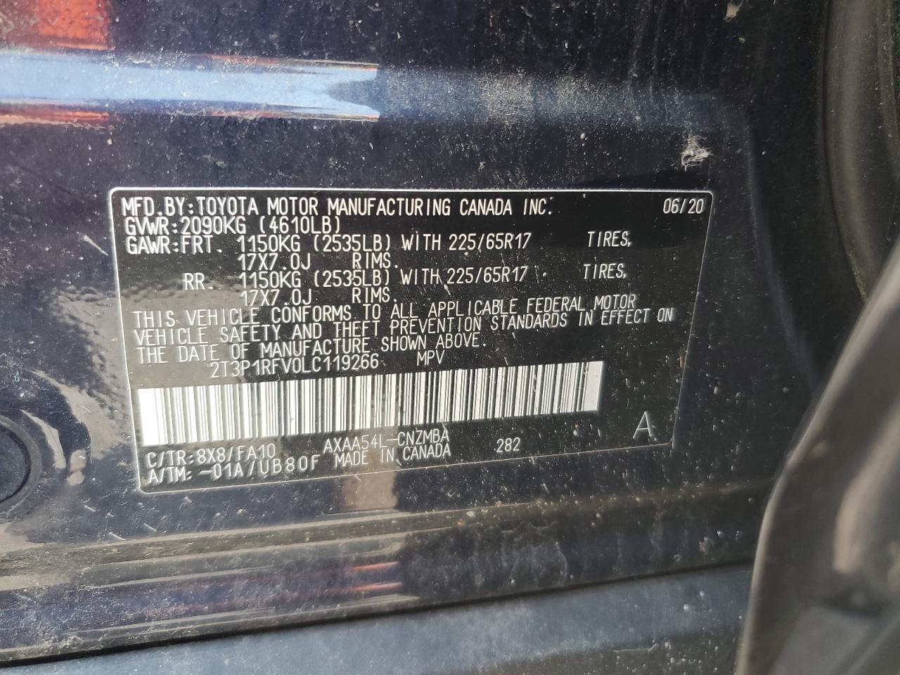 2T3P1RFV0LC119266 2020 Toyota Rav4 Xle