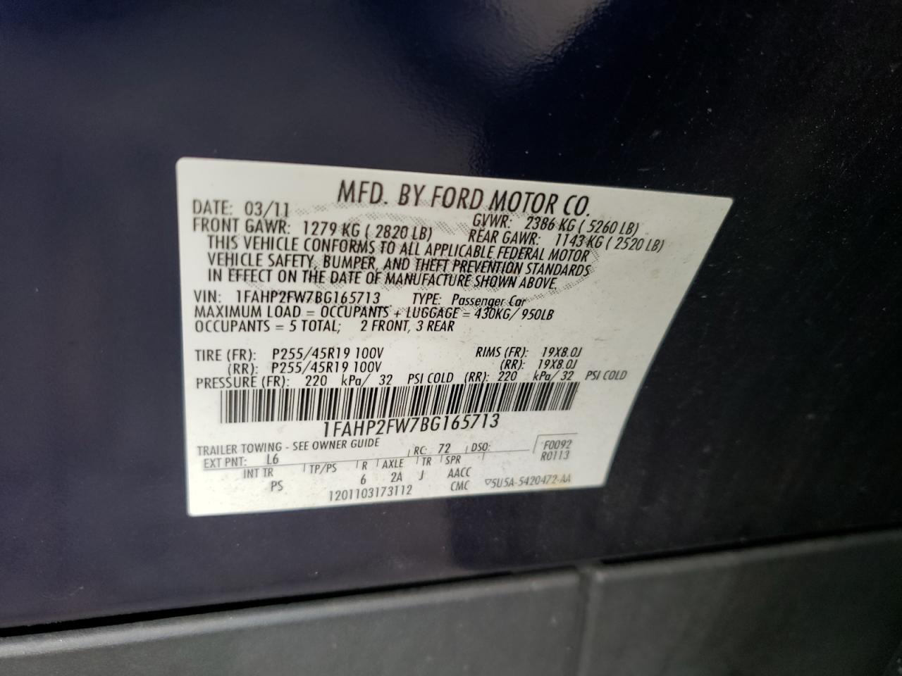 1FAHP2FW7BG165713 2011 Ford Taurus Limited