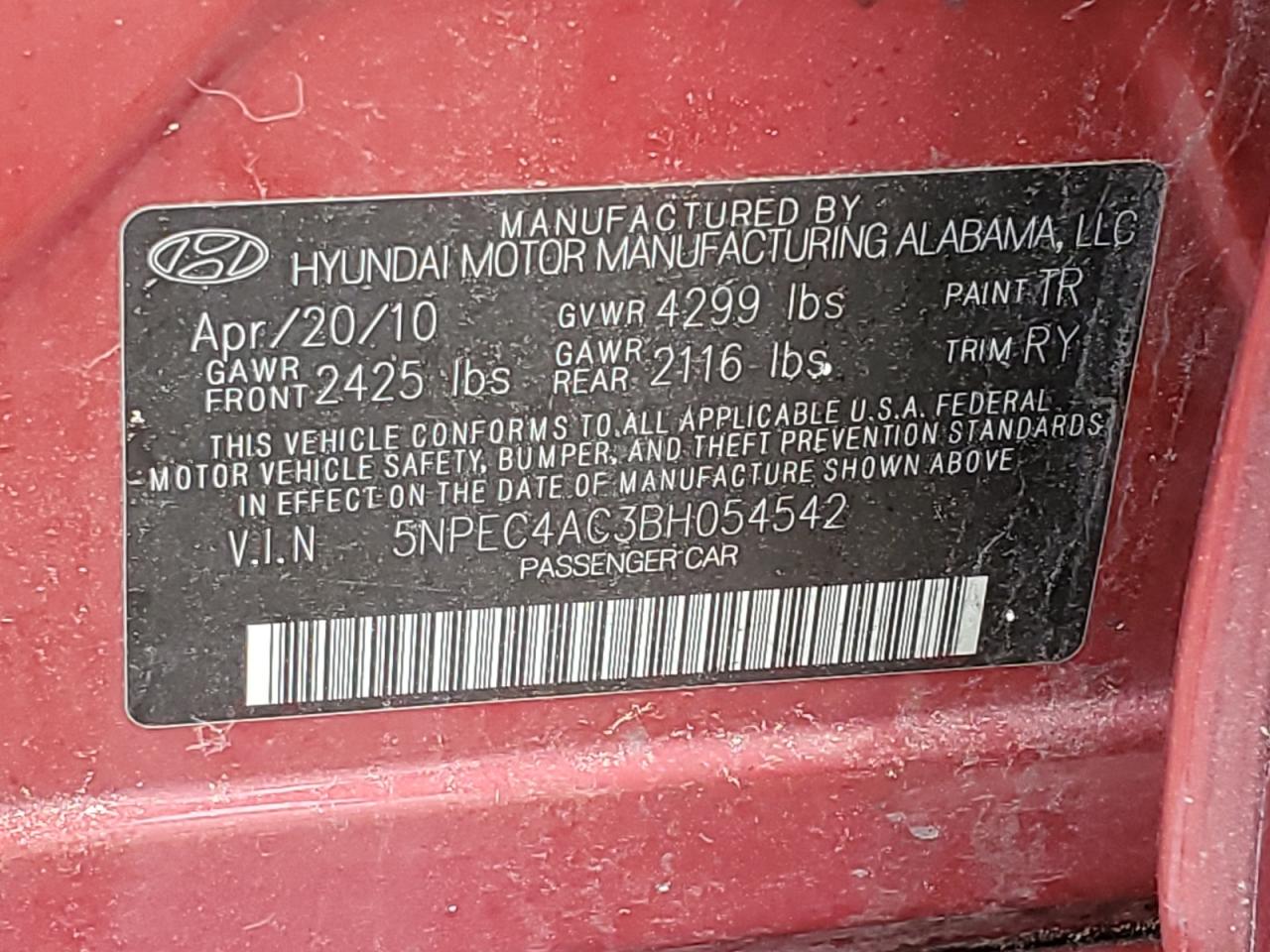 5NPEC4AC3BH054542 2011 Hyundai Sonata Se