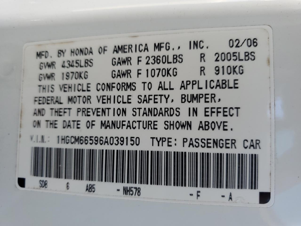 1HGCM66596A039150 2006 Honda Accord Ex