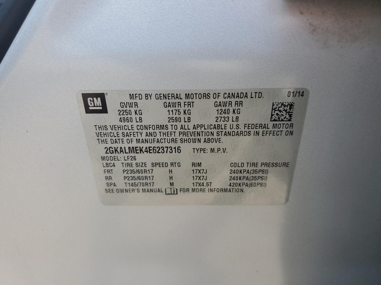 2GKALMEK4E6237316 2014 GMC Terrain Sle