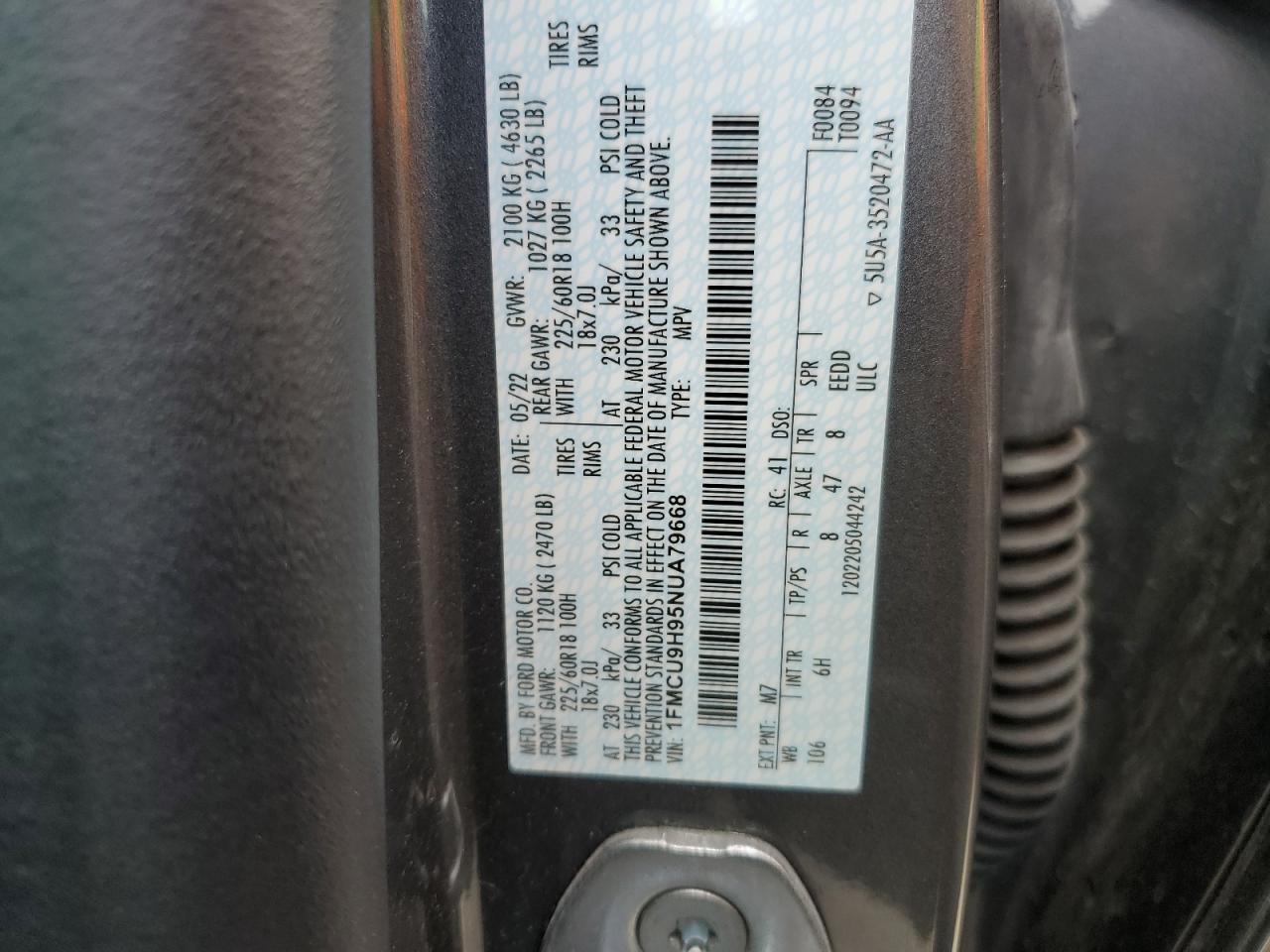 1FMCU9H95NUA79668 2022 Ford Escape Sel