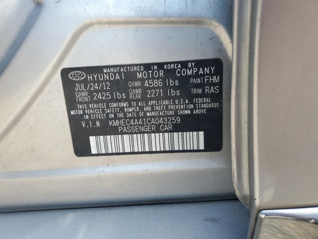 KMHEC4A41CA043259 2012 Hyundai Sonata Hybrid