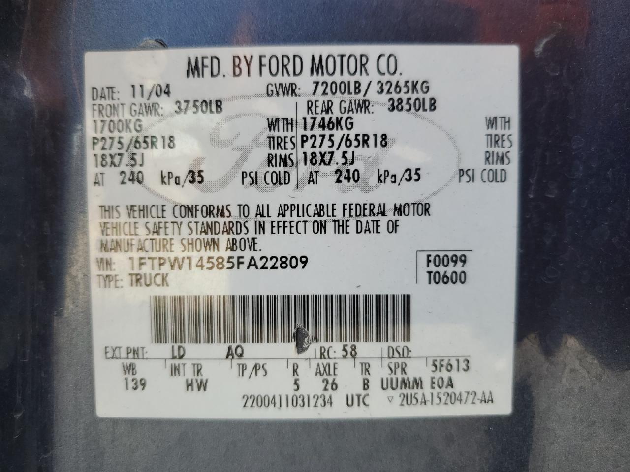 1FTPW14585FA22809 2005 Ford F150 Supercrew