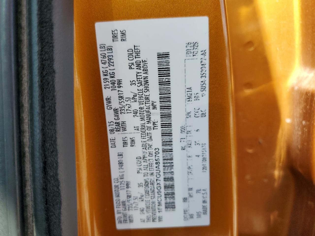 1FMCU9GX7GUA85703 FORD ESCAPE 2016