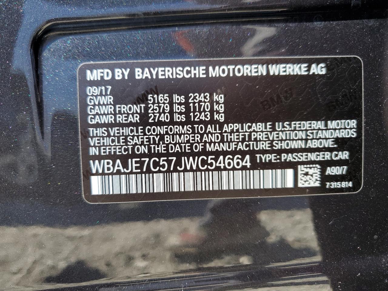 WBAJE7C57JWC54664 2018 BMW 540 Xi