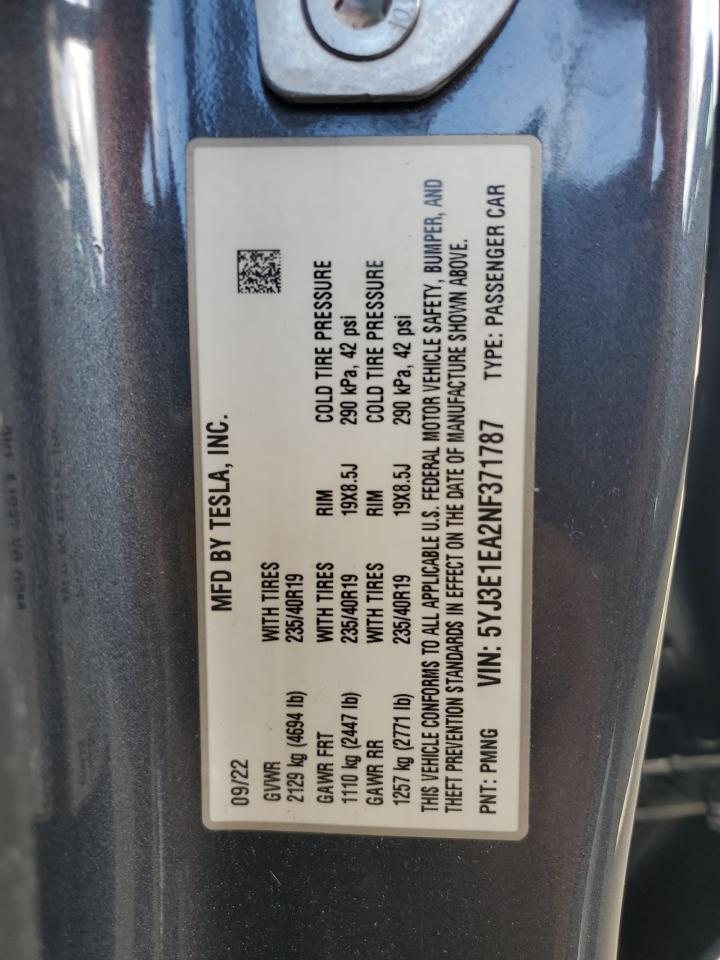 5YJ3E1EA2NF371787 2022 Tesla Model 3