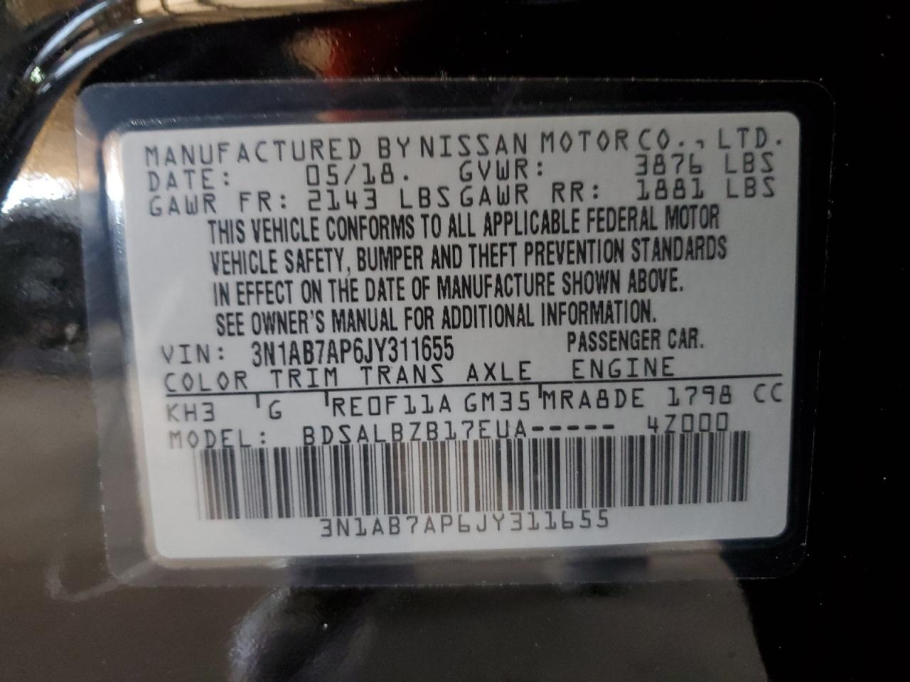 3N1AB7AP6JY311655 2018 Nissan Sentra S