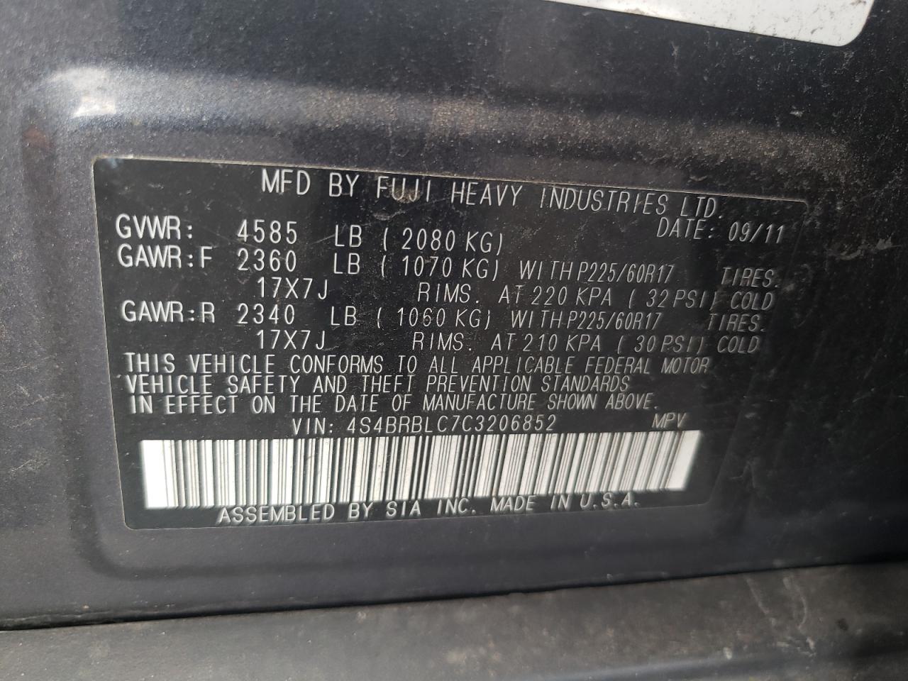 4S4BRBLC7C3206852 2012 Subaru Outback 2.5I Limited