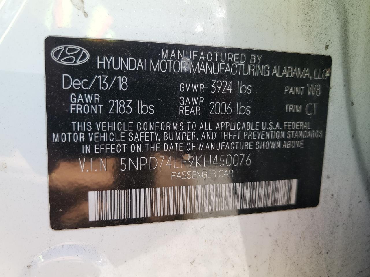 2019 Hyundai Elantra Se vin: 5NPD74LF9KH450076