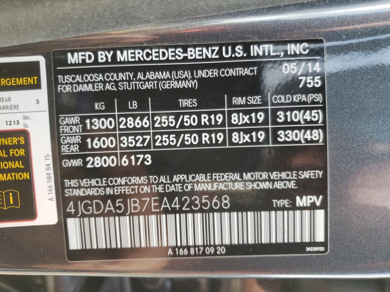 4JGDA5JB7EA423568 2014 Mercedes-Benz Ml 350