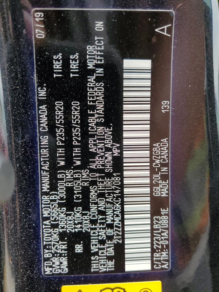 2T2ZZMCA6KC147081 2019 Lexus Rx 350 Base