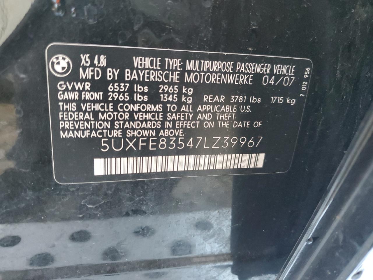 5UXFE83547LZ39967 2007 BMW X5 4.8I