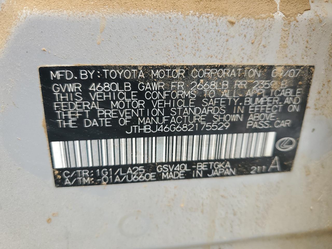 JTHBJ46G682175529 2008 Lexus Es 350