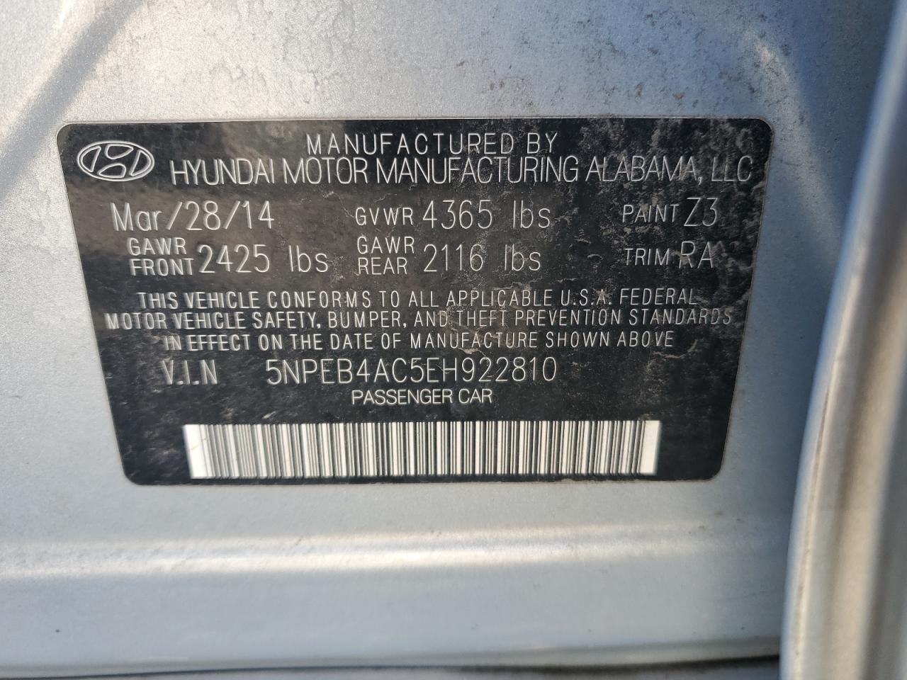 5NPEB4AC5EH922810 2014 Hyundai Sonata Gls