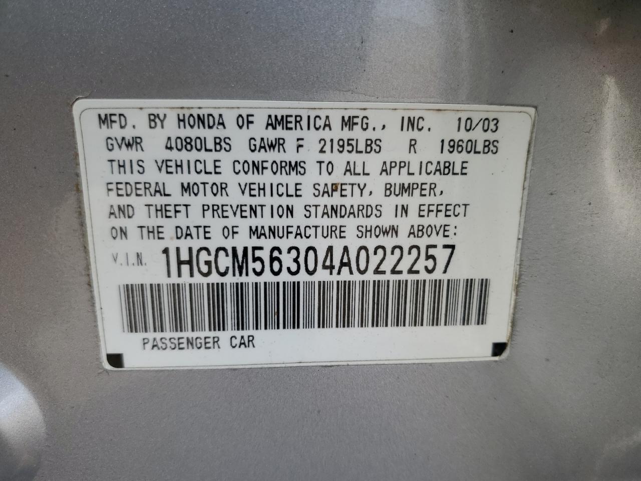 1HGCM56304A022257 2004 Honda Accord Lx