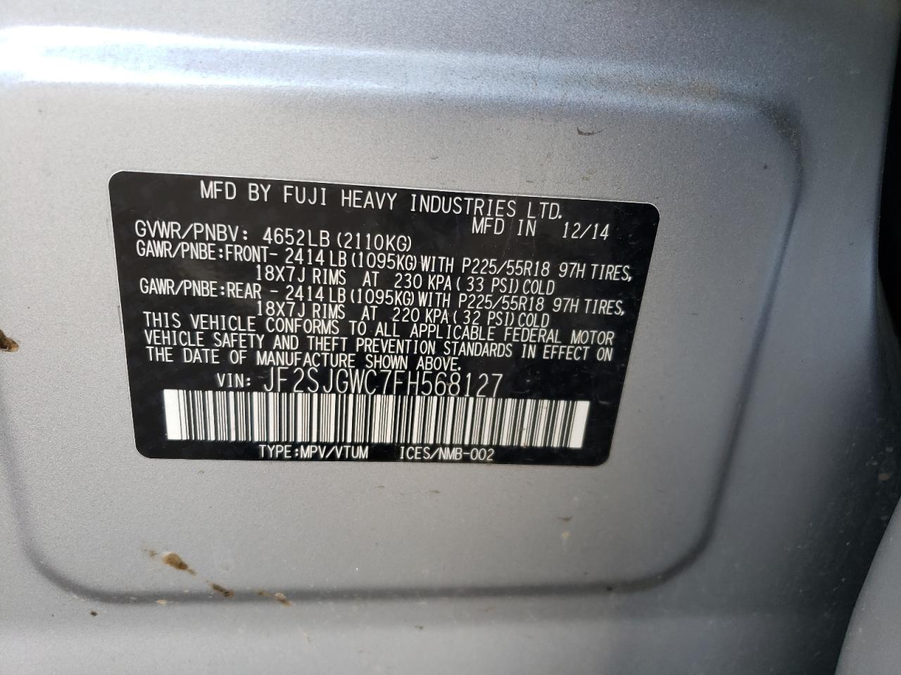 JF2SJGWC7FH568127 2015 Subaru Forester 2.0Xt Touring