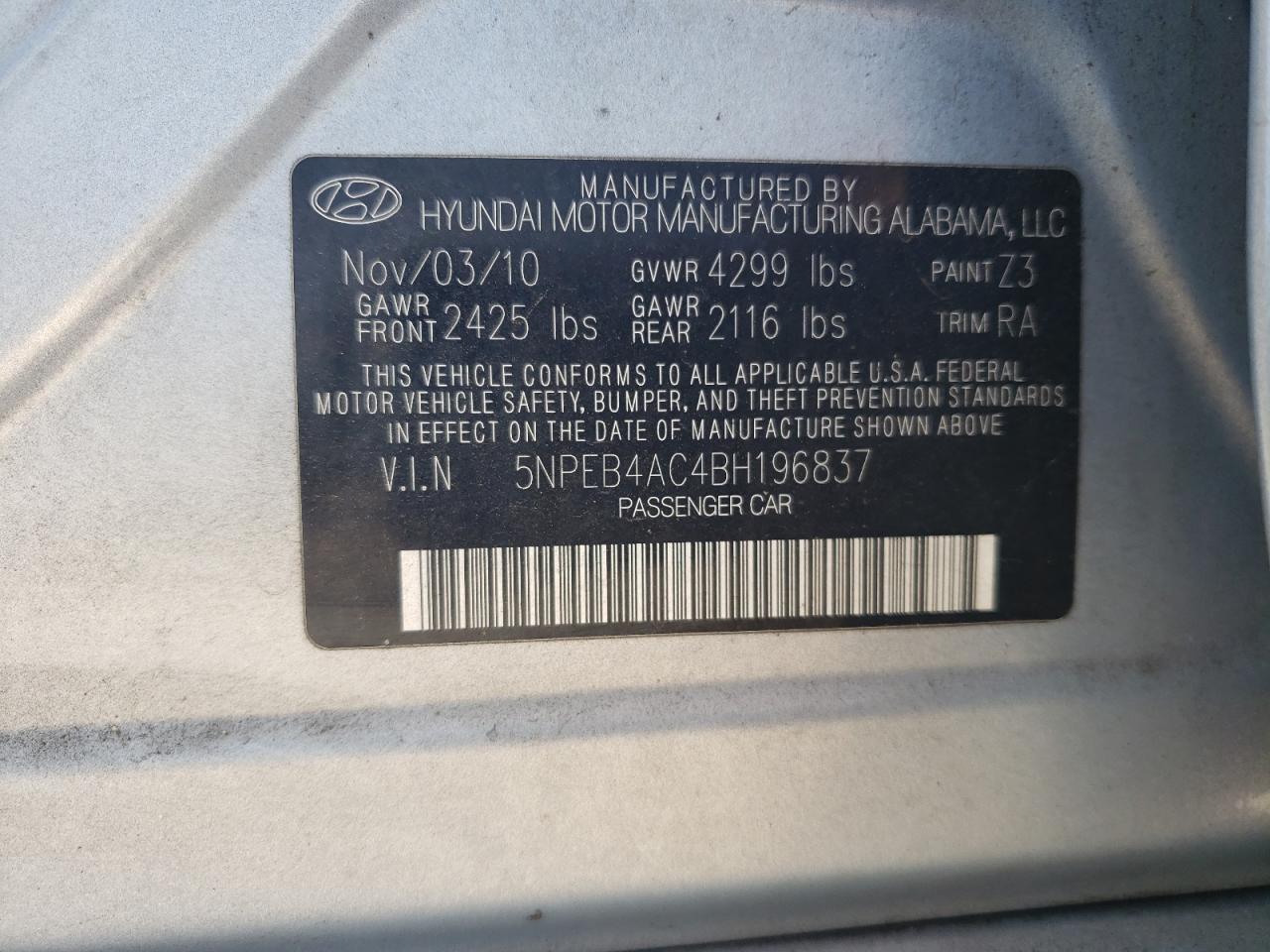 5NPEB4AC4BH196837 2011 Hyundai Sonata Gls