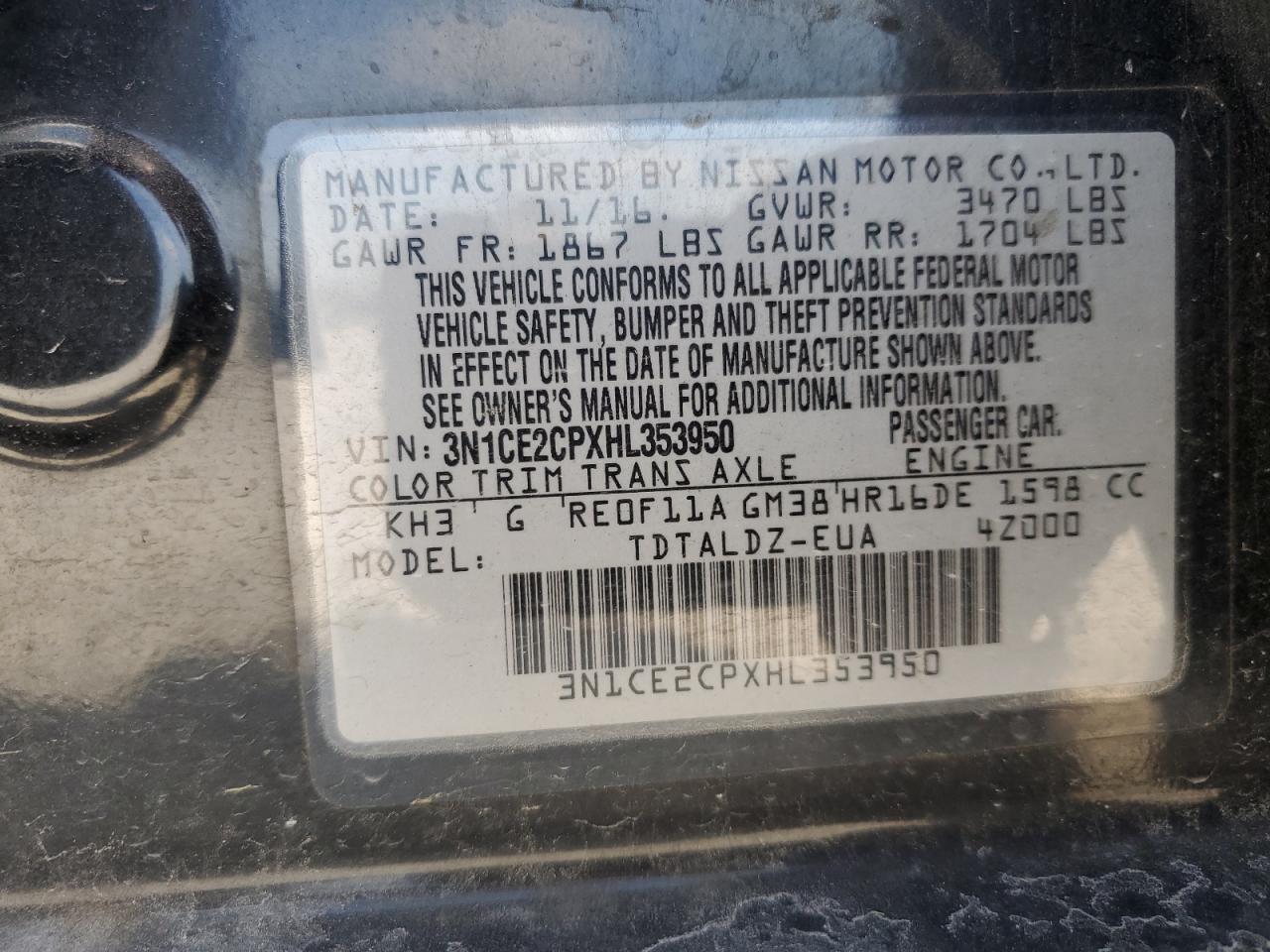 3N1CE2CPXHL353950 2017 Nissan Versa Note S