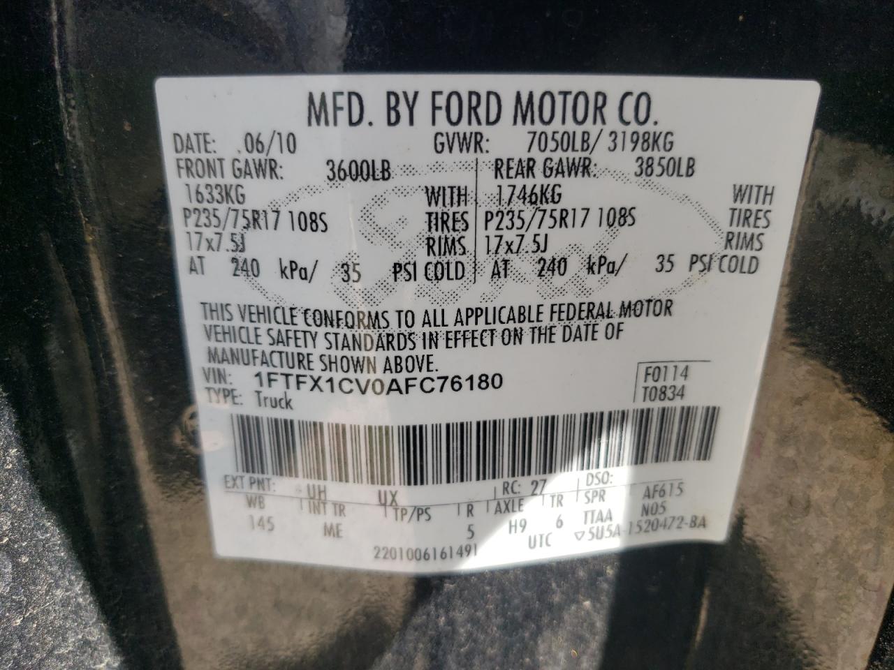 1FTFX1CV0AFC76180 2010 Ford F150 Super Cab