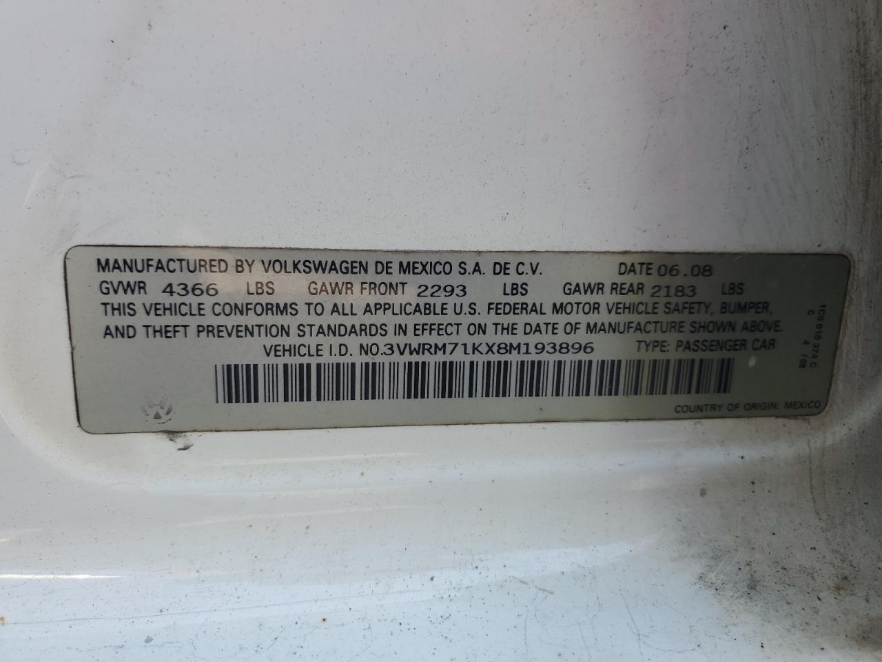 3VWRM71KX8M193896 2008 Volkswagen Jetta Se