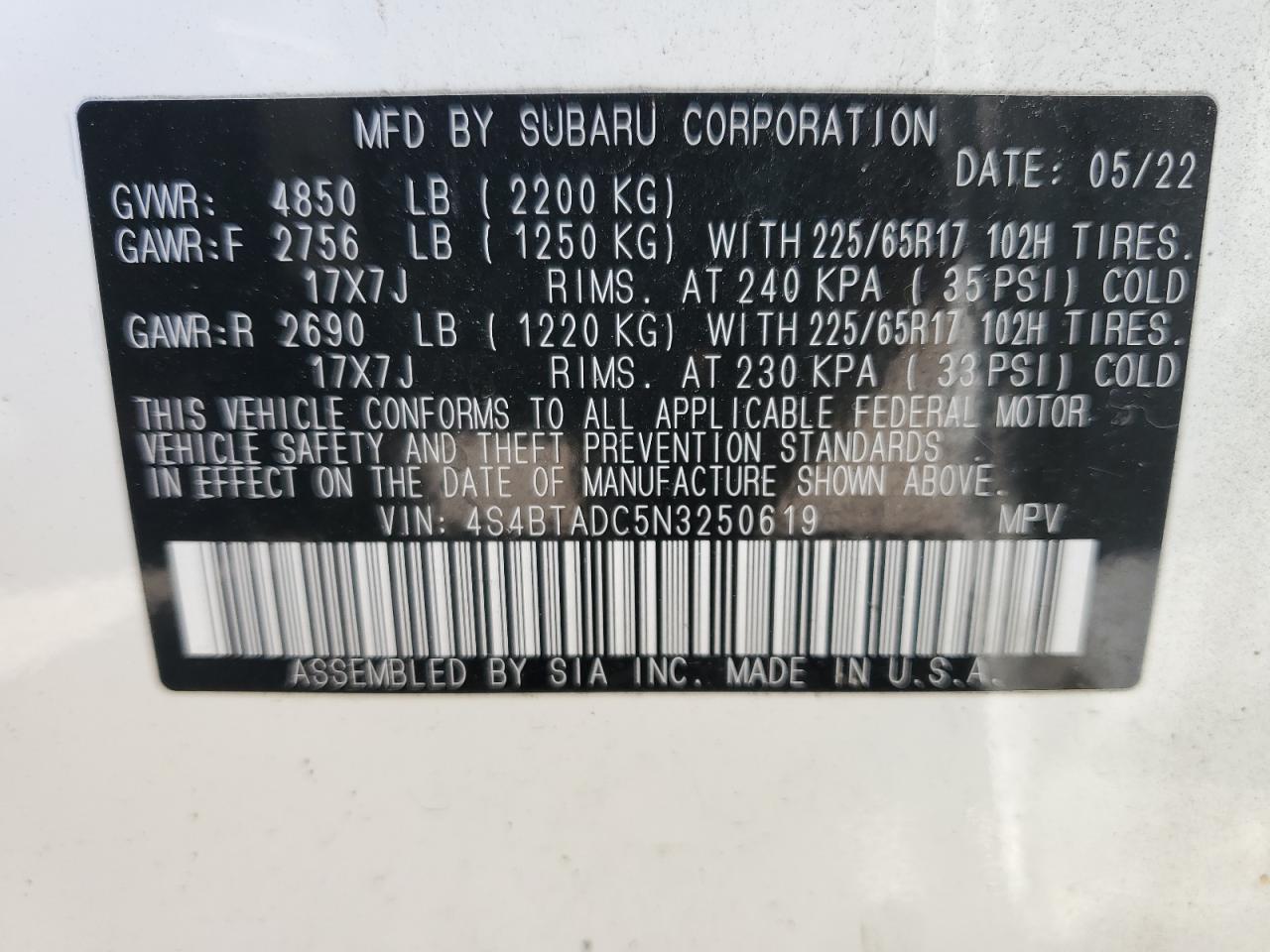 4S4BTADC5N3250619 2022 Subaru Outback Premium