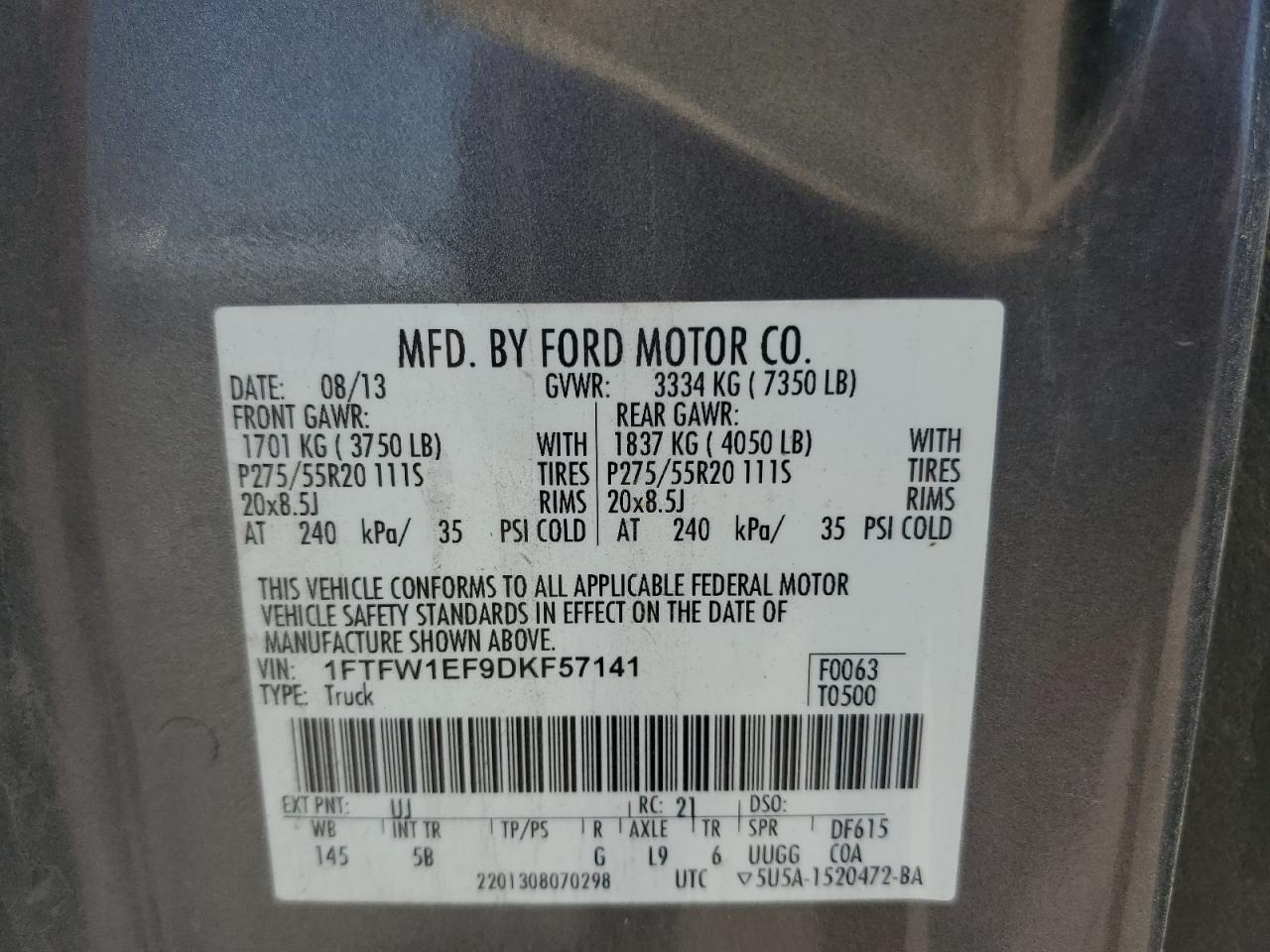 1FTFW1EF9DKF57141 2013 Ford F150 Supercrew