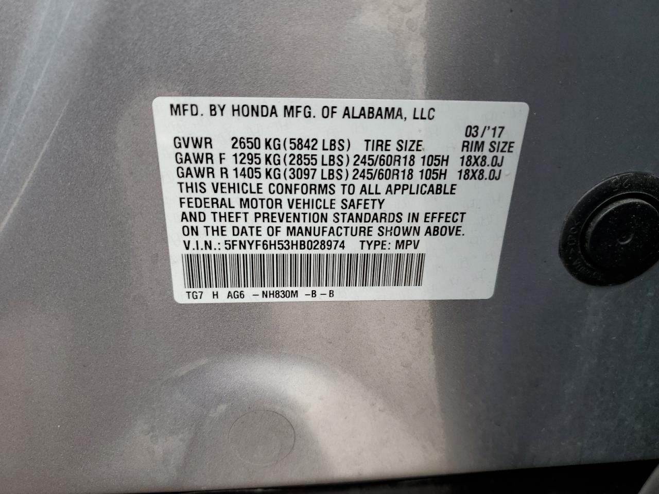 5FNYF6H53HB028974 HONDA PILOT 2017